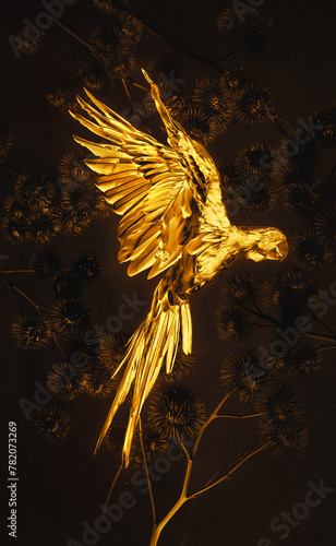 golden macaw in a dark backgrond with gold plants