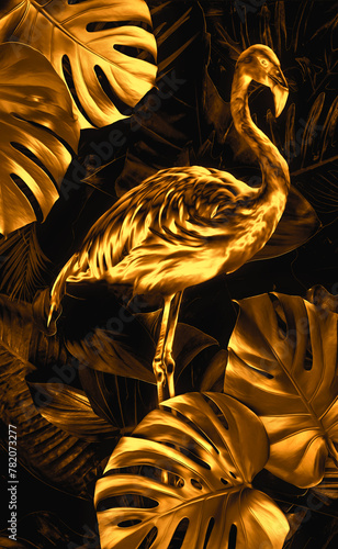 golden flamingo with gold leaves in black background