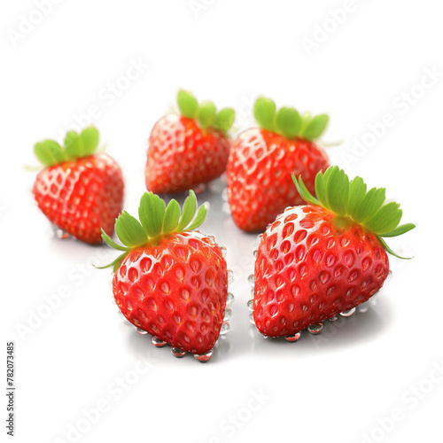 Luscious red strawberries Fragaria ananassa with glistening droplets artfully arranged on a sleek surface