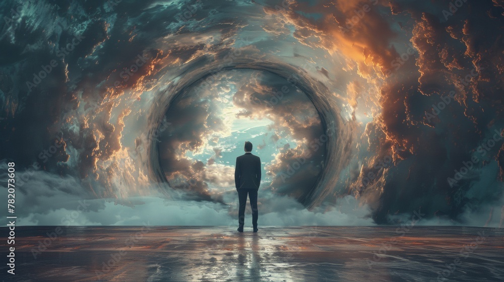 Obraz premium A man standing in front of a large hole with clouds and stars, AI