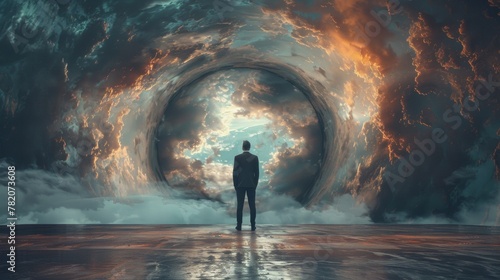 A man standing in front of a large hole with clouds and stars, AI