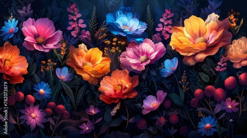 Vibrant Floral Nature Illustration with Colorful Flowers Generative AI