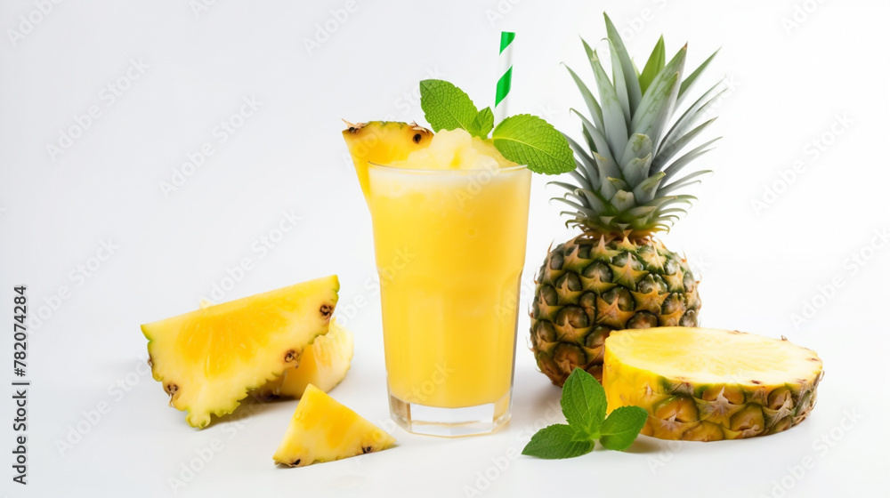 Wide juice bar background photograph of cocktail mix, a glass full of fruit juice and ice on a table top with white background and different fruit slices around Wide juice bar background photograph of cocktail mix, a glass full of fruit juice and ice on a table top with white background and different fruit slices around