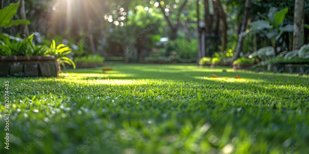 Green lawn in the backyard garden in the sun. Generative AI