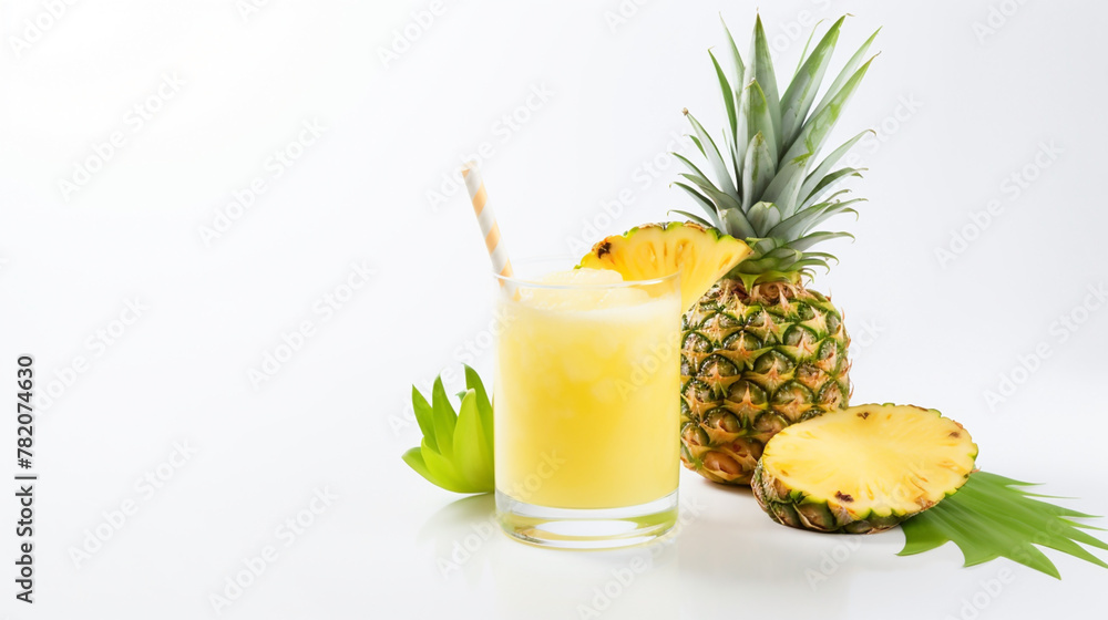 Wide juice bar background photograph of cocktail mix, a glass full of fruit juice and ice on a table top with white background and different fruit slices around Wide juice bar background photograph of cocktail mix, a glass full of fruit juice and ice on a table top with white background and different fruit slices around