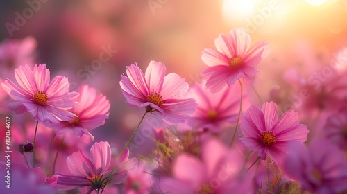 Serene Cosmos Flowerbed in Softly Lit Garden Generative AI © Alexander