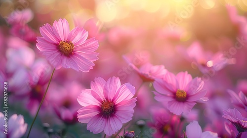 Dreamy Cosmos Flower Garden in Soft Sunlight Generative AI