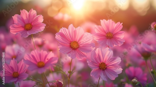 Dreamy Cosmos Flower Garden in Soft Sunlight Generative AI © Alexander