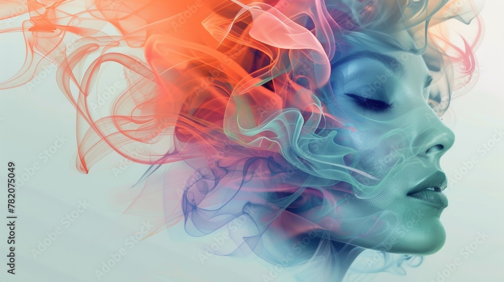 A woman's face is made up of smoke and colorful swirls, AI