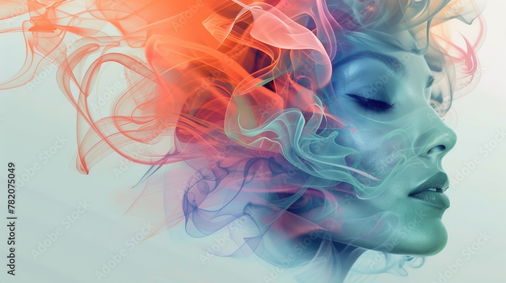 Obraz premium A woman's face is made up of smoke and colorful swirls, AI
