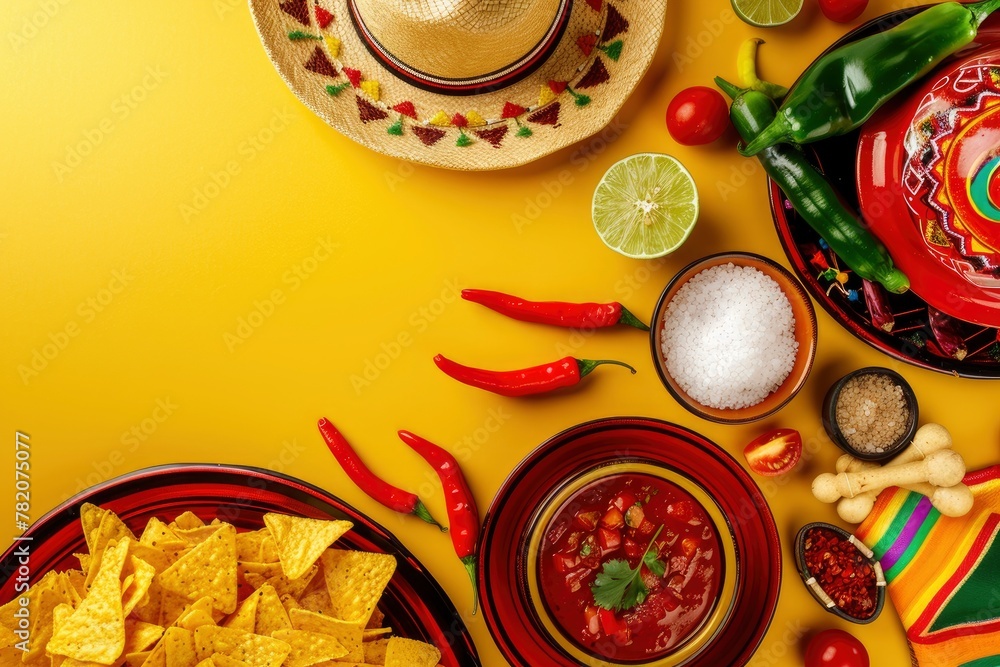 custom made wallpaper toronto digitalCinco de Mayo celebration concept. Top flat lay photo of mexican sombrero colorful poncho maracas tequila shots lime chili pepper nacho chips sauce salsa on yellow background with with generative ai