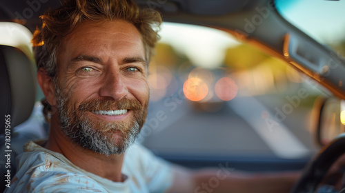 Mid adult man smiling while driving car and looking at mirror for reverse. Happy man feeling comfortable sitting on driver seat in his new car. Smiling mature businessman with seat belt on driving. © Matthew
