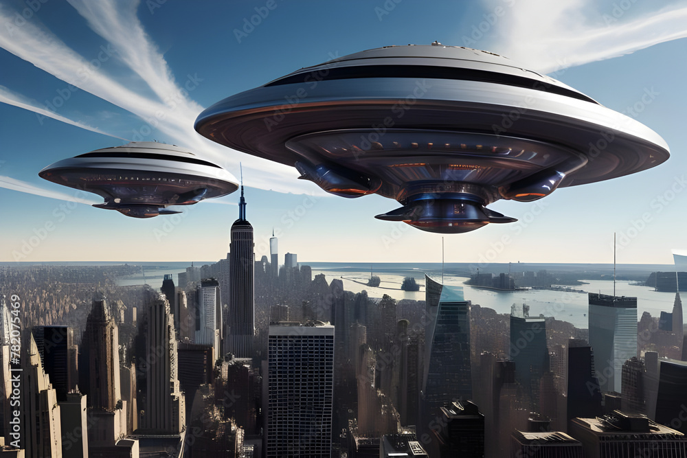 Alien spaceship invasion force flying over generic cityscape. Generative AI Alien spaceship invasion force flying over generic cityscape. Generative AI