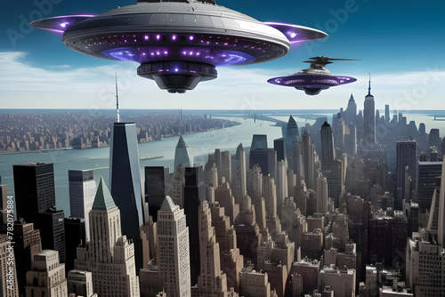 Alien spaceship invasion force flying over generic cityscape. Generative AI