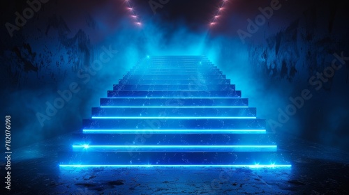 3d render of dark background with blue light rays and black floor  glowing lights in the shape of staircase