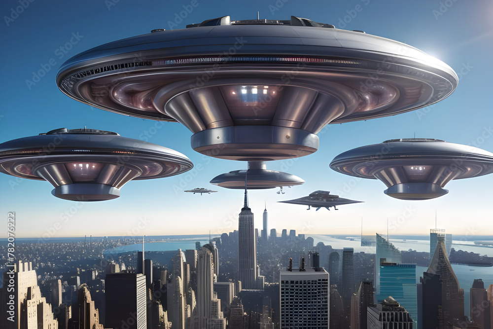 Fotografie Alien spaceship invasion force flying over generic cityscape
