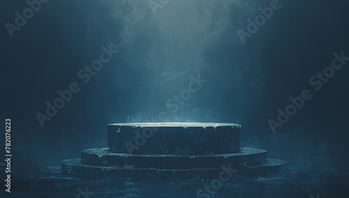 stone podium for product presentation on dark background with fog and mountain landscape, black stone platform with round shape