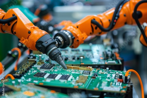 Robotic arm assembling circuit components on a motherboard in a factory