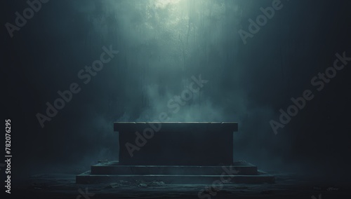 stone table in the middle of dark room, fog and smoke around, dark background, product presentation scene