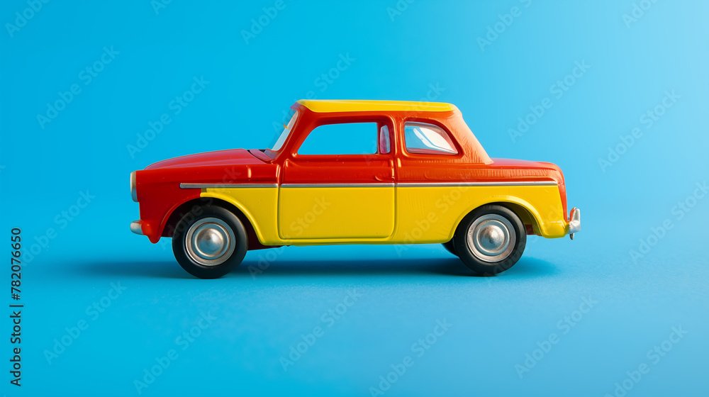 children's toy car on a bright blue background