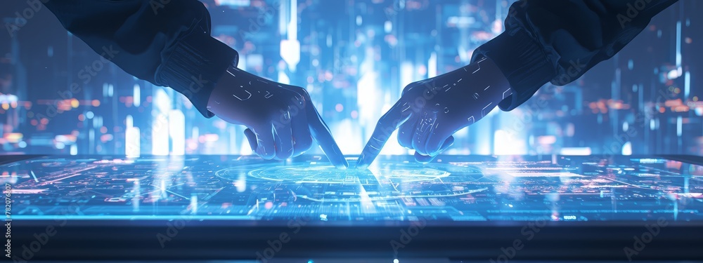 Foto Two hands touch on an interactive table displaying futuristic technology, with h