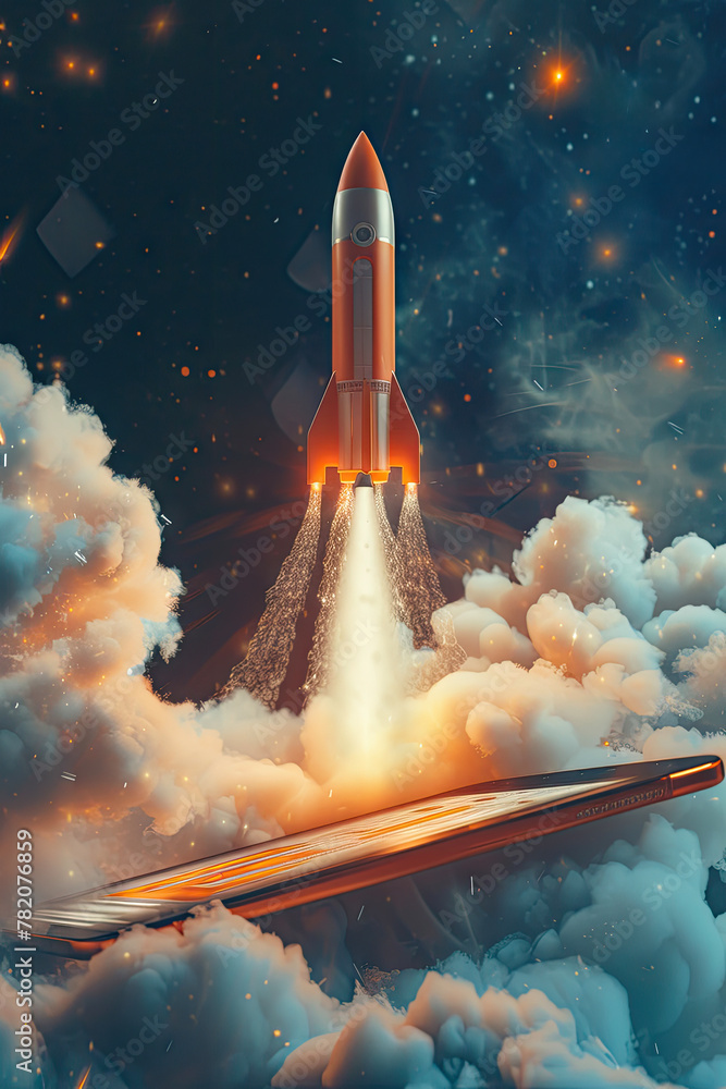 Naklejka premium Business Ascent Tablet Transformed into Rocket, Reaching New Heights