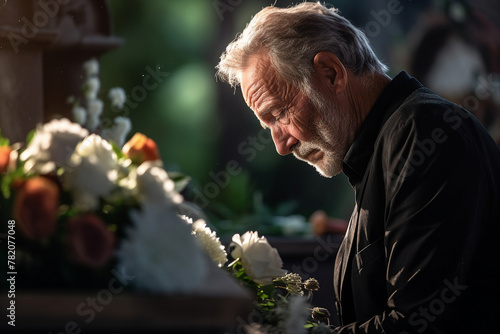 Relatives making Funeral ceremony Scene with coffin in church mourning generative AI