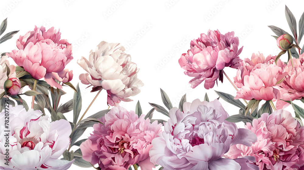 Isolated vintage-style peony bouquet: pastel pinks and purples.