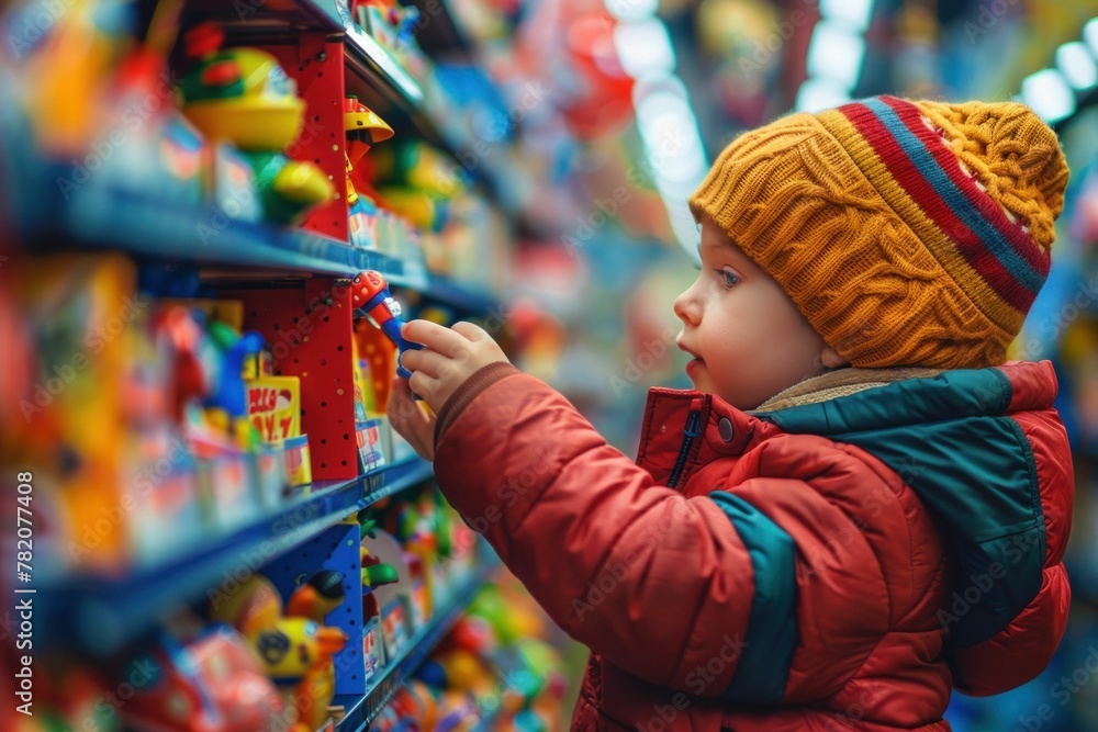 Fototapeta premium Young child in red jacket and hat, browsing toys in a colorful toy store during the holiday season