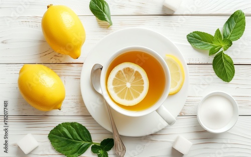 A cup of herbal tea with lemon and sugar on a white wooden table, flat lay
