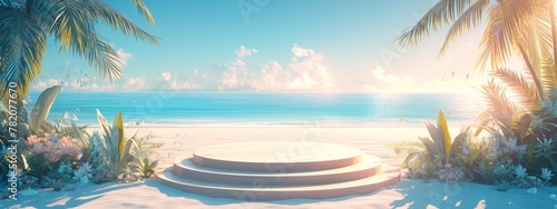 Luxurious podium on tropical beach with palm trees and blue ocean at sunset. Mockup for product presentation, summer vacation concept banner