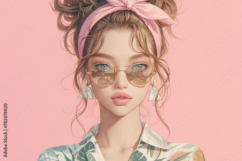 Attractive woman wearing a pink headband, sunglasses and a pastel outfit