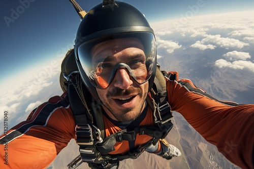 AI generated image of skydiver instructor flying in blue sky enjoy free fall