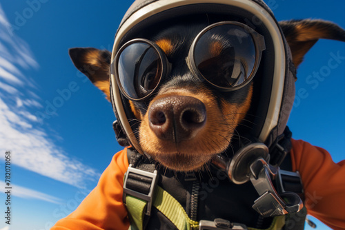 Adorable funny ai generated animal dog dressed as a skydiver in free fall