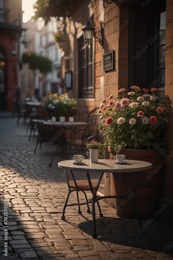 Coffee Shop, Bossa Nova style, cute tables outside, cobblestone road, flowers, daytime, cinematic lighting, moody, realism Coffee Shop, Bossa Nova style, cute tables outside, cobblestone road, flowers, daytime, cinematic lighting, moody, realism