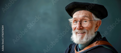 Elderly professor in academic regalia smiling warmly, exuding wisdom and a lifetime of knowledge.