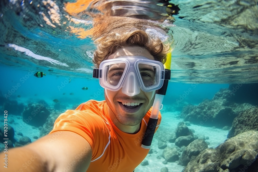 Naklejka premium AI generated picture of happy diver swims underwater with fish and corals