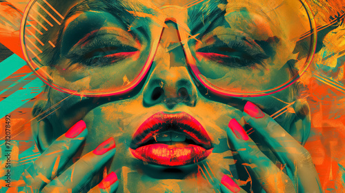 Abstract art featuring a woman's face with sunglasses, composed of vibrant neon colors and expressive brush strokes.