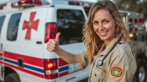 Portrait of a happy female rescue personnel staff with thumbup gesture