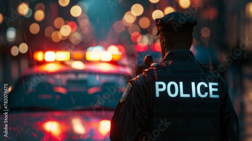 Police officer in busy city street at night