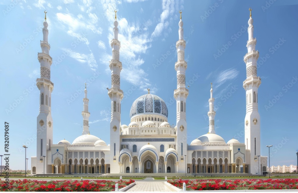 Obraz premium large white mosque against a vibrant blue sky. The facade stands out against the natural elements