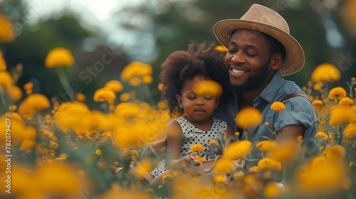 A man and a little girl wearing sun hats smile in a field of yellow irises photo