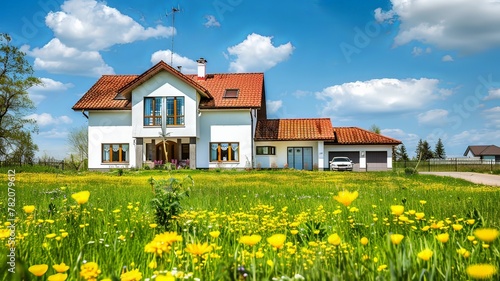 A large house with a white roof and red tiles sits in a field of yellow flowers