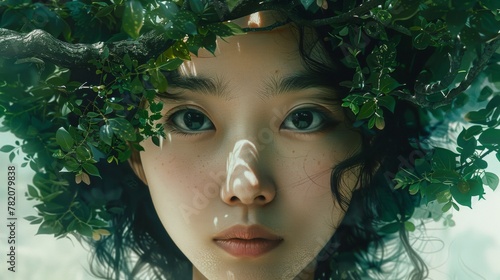 A woman with a green tree on her head and eyes  AI