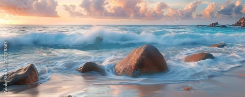 Water waves crashing on rocks at the beach, a natural geological phenomenon photo