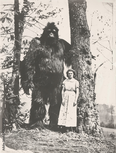 Old vintage aged mystery photograph of a lady standing with a giant bigfoot cryptid sasquatch creature in the forest photo