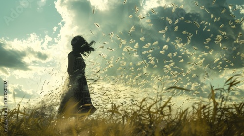 A woman standing in a field of wheat with lots of seeds flying around her, AI