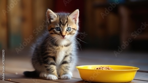 A small striped kitten eats cat food from a yellow bowl. Plastic plate. Breakfast of a cat. Wooden background.