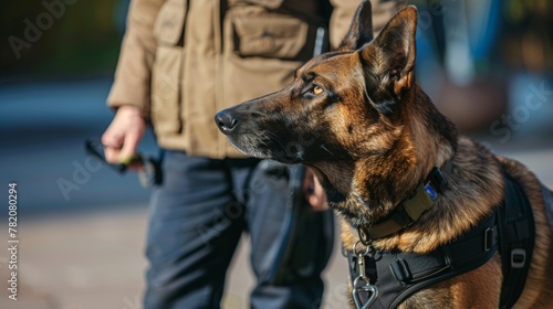 Police dog on duty patrol with a police officer in a large city street