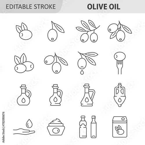 Olive oil line icon set. Vector collection with olive branch, glass bottle, fork, cream. Editable stroke.